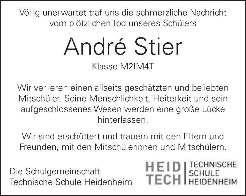  Traueranzeige für André Stier vom 10.03.2017 aus Schwäbische Post