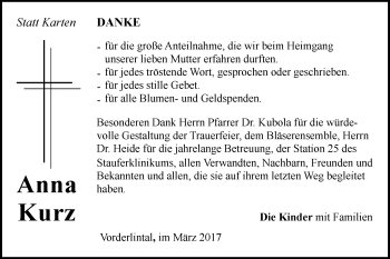 Traueranzeige von Anna Kurz  von Gmünder Tagespost