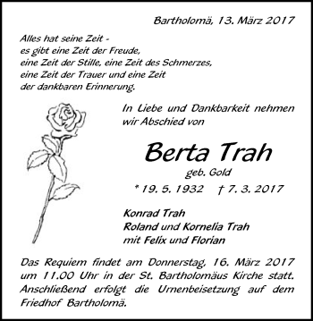 Traueranzeige von Berta Trah von Gmünder Tagespost