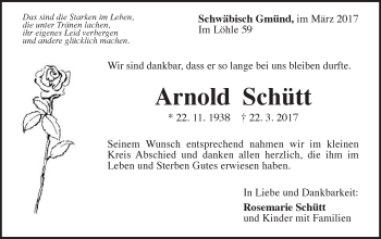 Traueranzeige von Arnold Schütt von Gmünder Tagespost