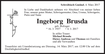 Traueranzeige von Ingeborg Brusda von Gmünder Tagespost