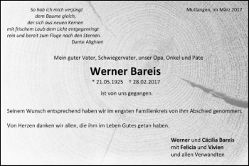 Traueranzeige von Werner Bareis von Gmünder Tagespost