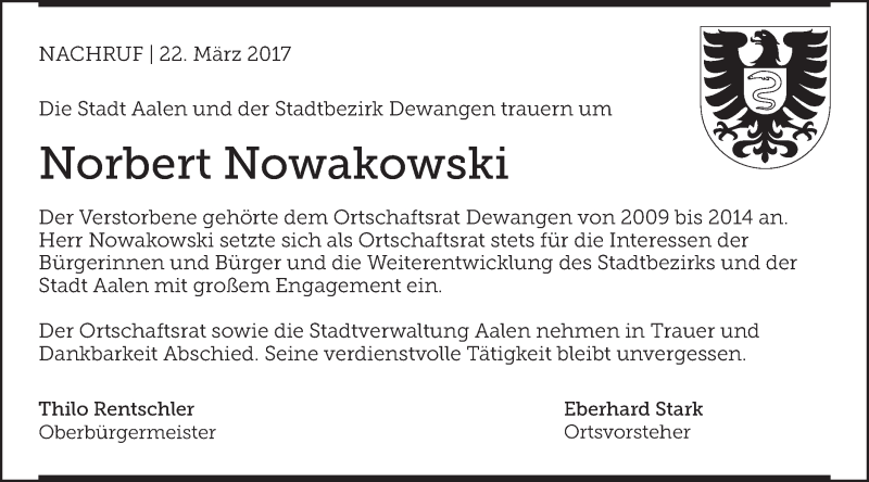  Traueranzeige für Norbert Nowakowski vom 22.03.2017 aus Schwäbische Post
