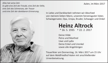 Traueranzeige von Heinz Altrock von Schwäbische Post