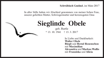 Traueranzeige von Sieglinde Obele von Gmünder Tagespost