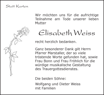 Traueranzeige von Elisabeth Weiss von Amtsblatt_Oko