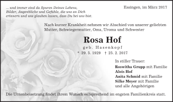 Traueranzeige von Rosa Hof von Schwäbische Post
