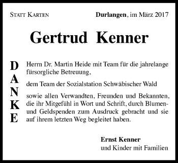 Traueranzeige von Gertrud Kenner von Gmünder Tagespost
