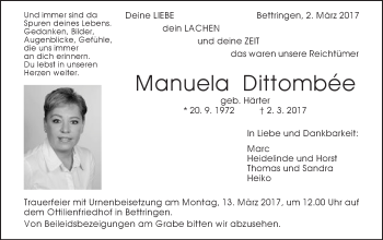 Traueranzeige von Manuela Dittombée von Gmünder Tagespost