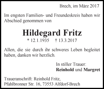 Traueranzeige von Hildegard Fritz von Gmünder Tagespost