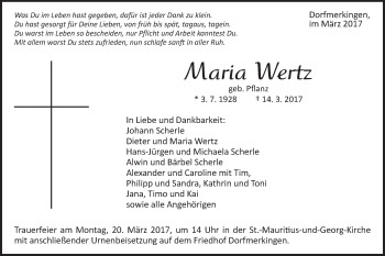 Traueranzeige von Maria Wertz von Schwäbische Post