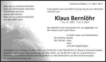 Traueranzeige von Klaus Bernlöhr von Schwäbische Post