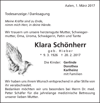 Traueranzeige von Klara Schönherr von Schwäbische Post