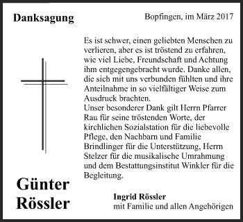 Traueranzeige von Günter Rössler von Schwäbische Post
