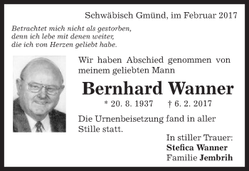 Traueranzeige von Bernhard Wanner von Gmünder Tagespost
