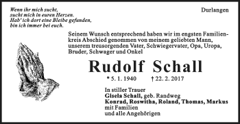 Traueranzeige von Rudolf Schall von Gmünder Tagespost