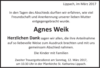 Traueranzeige von Agnes Weik von Schwäbische Post