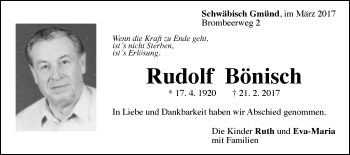 Traueranzeige von Rudolf Bönisch von Gmünder Tagespost