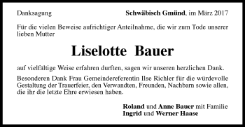 Traueranzeige von Liselotte Bauer von Gmünder Tagespost