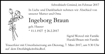 Traueranzeige von Ingeborg Braun von Gmünder Tagespost