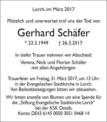 Traueranzeige von Gerhard Schäfer von Gmünder Tagespost