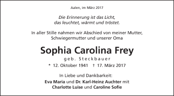 Traueranzeige von Sophia Carolina Frey von Schwäbische Post