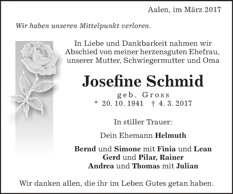  Traueranzeige für Josefine Schmid vom 18.03.2017 aus Schwäbische Post