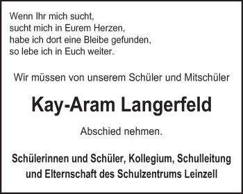 Traueranzeige von Kay-Aram Langerfeld von Gmünder Tagespost