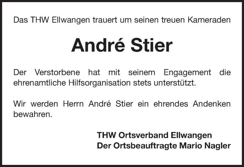  Traueranzeige für André Marcel Stier vom 08.03.2017 aus Schwäbische Post