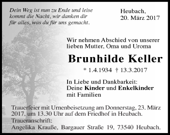 Traueranzeige von Brunhilde Keller von Gmünder Tagespost