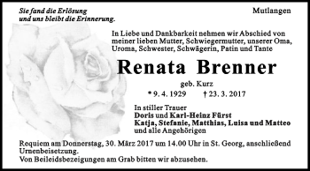 Traueranzeige von Renata Brenner von Gmünder Tagespost