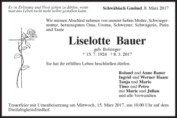Traueranzeige von Liselotte Bauer von Gmünder Tagespost