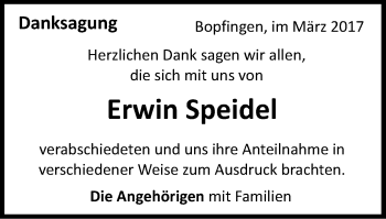 Traueranzeige von Erwin Speidel von Schwäbische Post