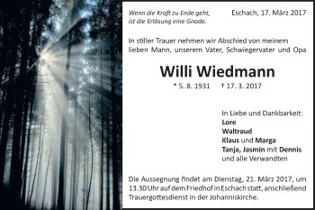 Traueranzeige von Willi Wiedmann von Gmünder Tagespost