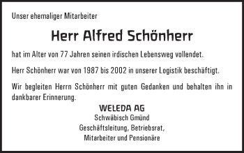 Traueranzeige von Alfred Schönherr von Gmünder Tagespost