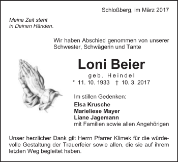 Traueranzeige von Loni Beier von Bopfinger Stadtanzeiger