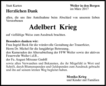 Traueranzeige von Adelbert Krieg von Gmünder Tagespost