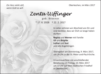 Traueranzeige von Zenta Uiffinger von Schwäbische Post