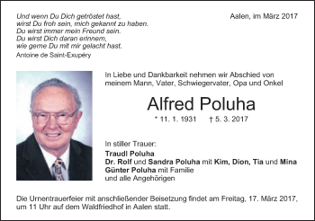 Traueranzeige von Alfred Poluha von Schwäbische Post