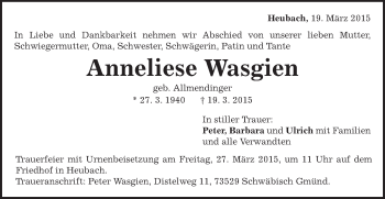 Traueranzeige von Anneliese Wasgien von Gmünder Tagespost