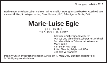 Traueranzeige von Marie-Luise Egle von Schwäbische Post
