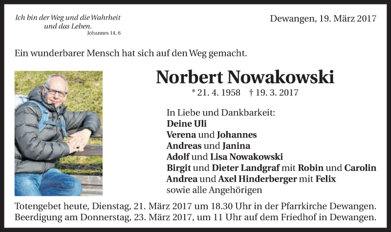  Traueranzeige für Norbert Nowakowski vom 21.03.2017 aus Schwäbische Post