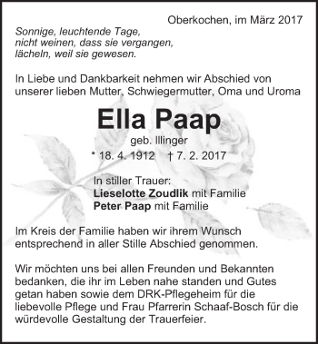 Traueranzeige von Ella Paap von Amtsblatt_Oko