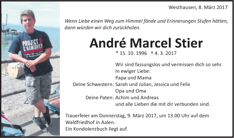  Traueranzeige für André Marcel Stier vom 08.03.2017 aus Schwäbische Post