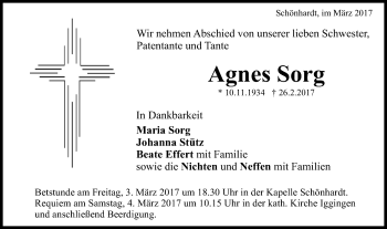 Traueranzeige von Agnes Sorg von Gmünder Tagespost