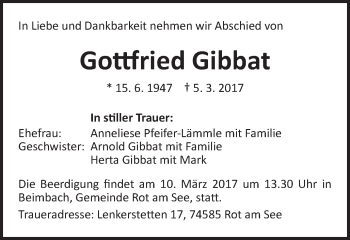 Traueranzeige von Gottfried Gibbat von Schwäbische Post