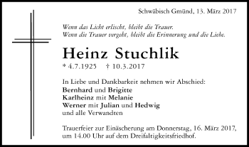 Traueranzeige von Heinz Stuchlik von Gmünder Tagespost