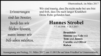 Traueranzeige von Hannes Strobel von Schwäbische Post