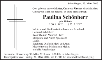 Traueranzeige von Paulina Schönherr von Gmünder Tagespost