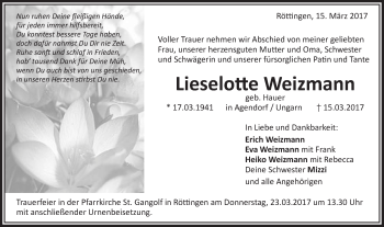 Traueranzeige von Lieselotte Weizmann von Schwäbische Post